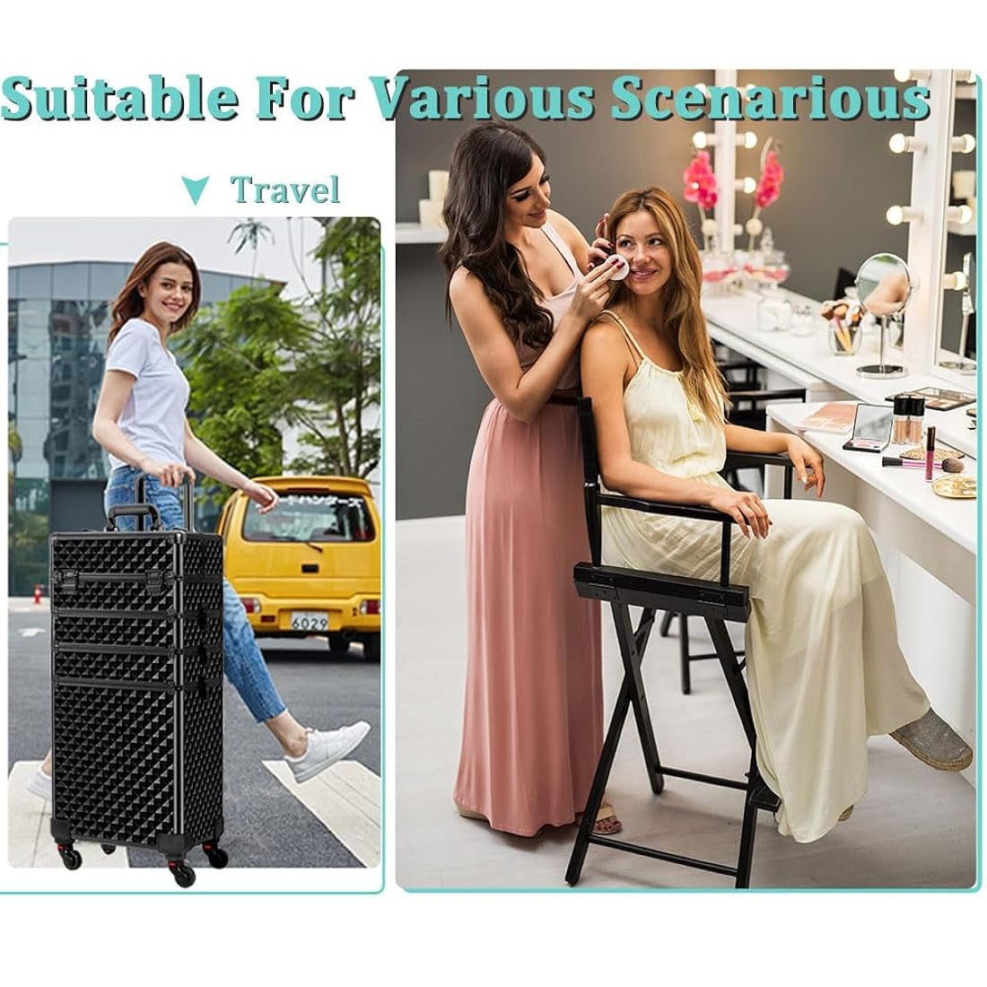 Professional Rolling Makeup Trolley, Cosmetic Vanity Trolley, Travel Case & Key Lockable Artist Hairdressing/Makeup Artist/Nail Artist, 360° (4) Wheels(All Black) (4 in 1)