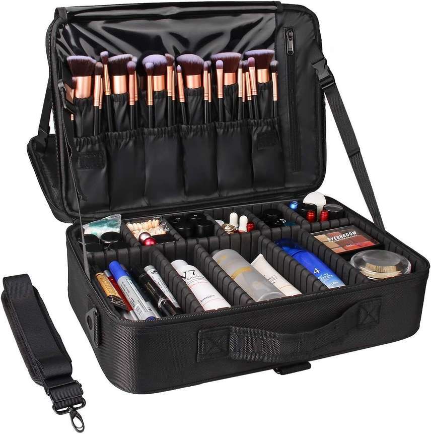 Makeup Bag,Cosmetic Organizer with Removable And Adjustable Dividers and Strap for Cosmetics Makeup Brushes Accessories (Black)
