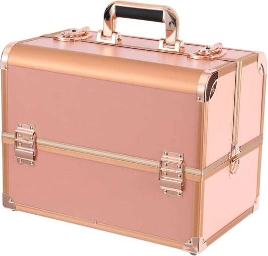 Professional Makeup Box Cosmetics Case Jewelry Organiser Vanity Make Up Storage Box Beauty Train Case Lockable with Keys (Copper)