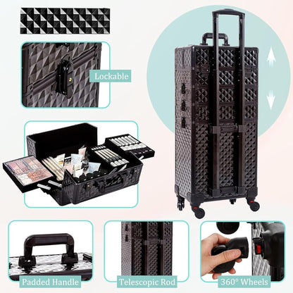 Professional Rolling Makeup Trolley, Cosmetic Vanity Trolley, Travel Case & Key Lockable Artist Hairdressing/Makeup Artist/Nail Artist, 360° (4) Wheels(All Black) (4 in 1)