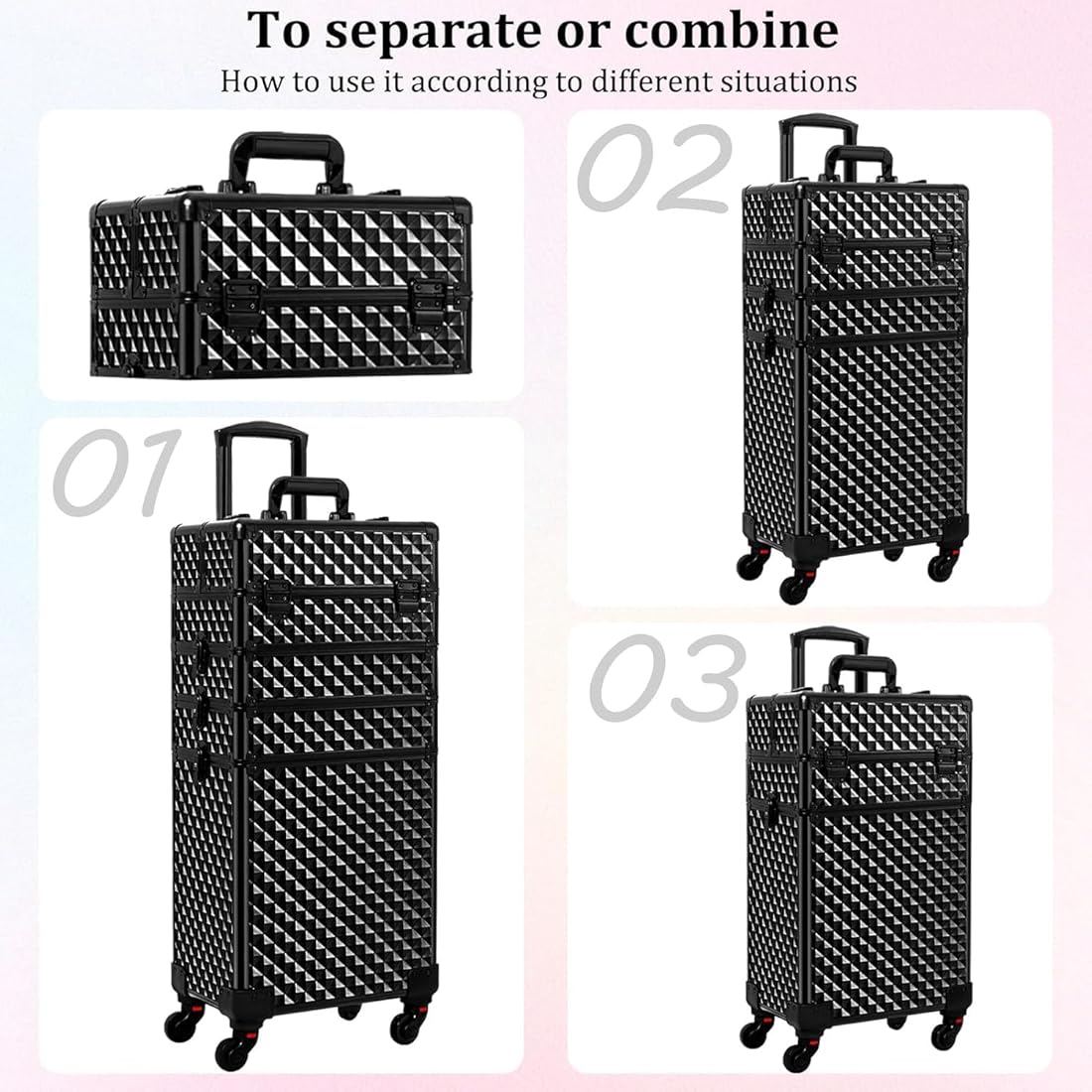 Professional Rolling Makeup Trolley, Cosmetic Vanity Trolley, Travel Case & Key Lockable Artist Hairdressing/Makeup Artist/Nail Artist, 360° (4) Wheels(All Black) (4 in 1)