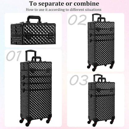 Professional Rolling Makeup Trolley, Cosmetic Vanity Trolley, Travel Case & Key Lockable Artist Hairdressing/Makeup Artist/Nail Artist, 360° (4) Wheels(All Black) (4 in 1)