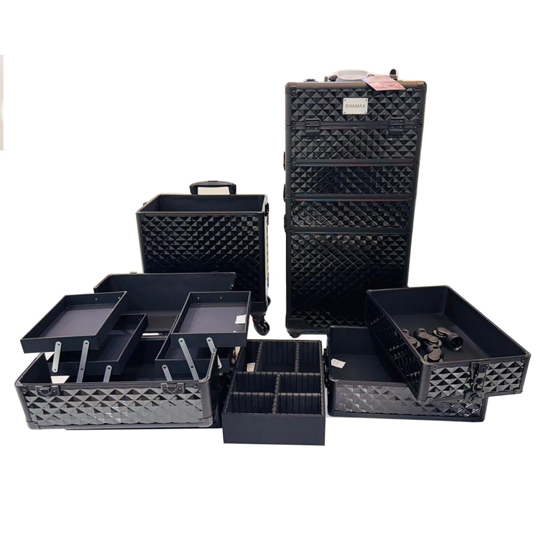 Professional Rolling Makeup Trolley, Cosmetic Vanity Trolley, Travel Case & Key Lockable Artist Hairdressing/Makeup Artist/Nail Artist, 360° (4) Wheels(All Black) (4 in 1)