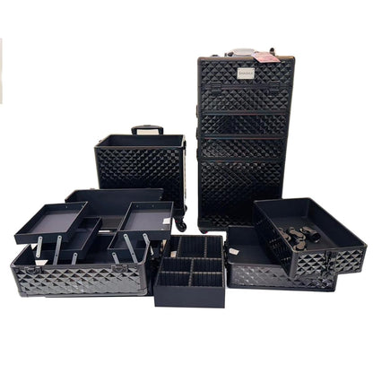 Professional Rolling Makeup Trolley, Cosmetic Vanity Trolley, Travel Case & Key Lockable Artist Hairdressing/Makeup Artist/Nail Artist, 360° (4) Wheels(All Black) (4 in 1)