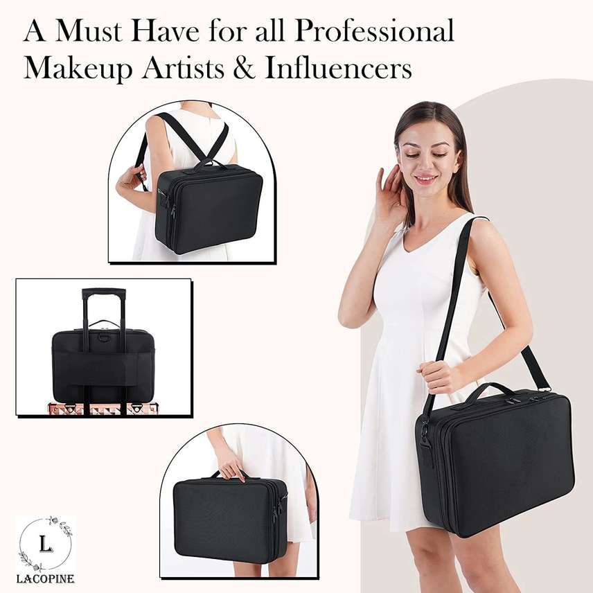 Makeup Bag,Cosmetic Organizer with Removable And Adjustable Dividers and Strap for Cosmetics Makeup Brushes Accessories  (Black)