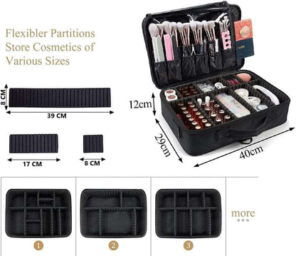 Makeup Bag,Cosmetic Organizer with Removable And Adjustable Dividers and Strap for Cosmetics Makeup Brushes Accessories  (Black)