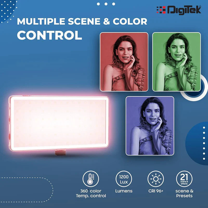Digitek (LED-D135 ML) 12W Metal Body RGB LED Light with OLED Display, Adjustable Brightness & 360° Color Control, USB-C Charging, 21 Preset Effects, Multi-Scene Lighting for Photo & Video Shoots